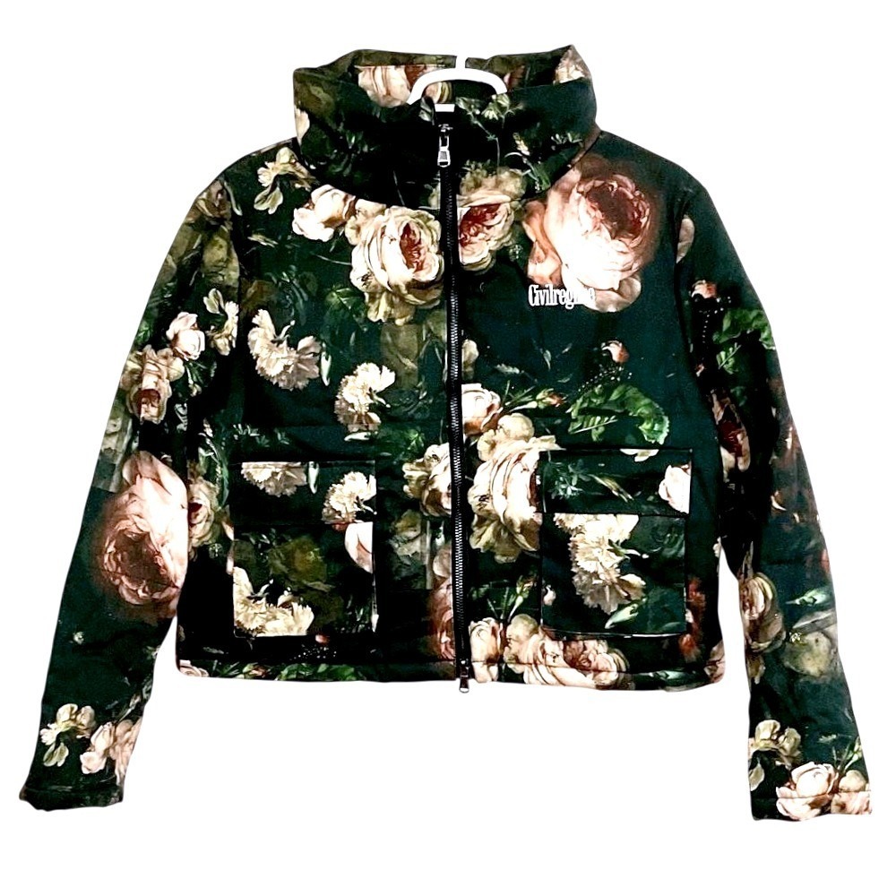 Civil Regime Womens Floral Puffer Jacket Black Rose Print Cropped Size L